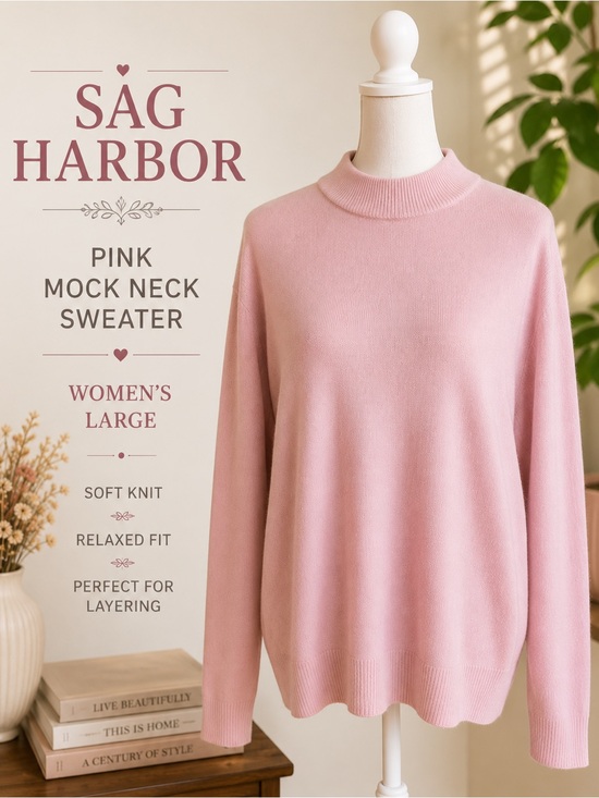 Sag Harbor Sweaters - Sag Harbor Pink Mock Neck Sweater Women’s Large Soft Knit Pullover